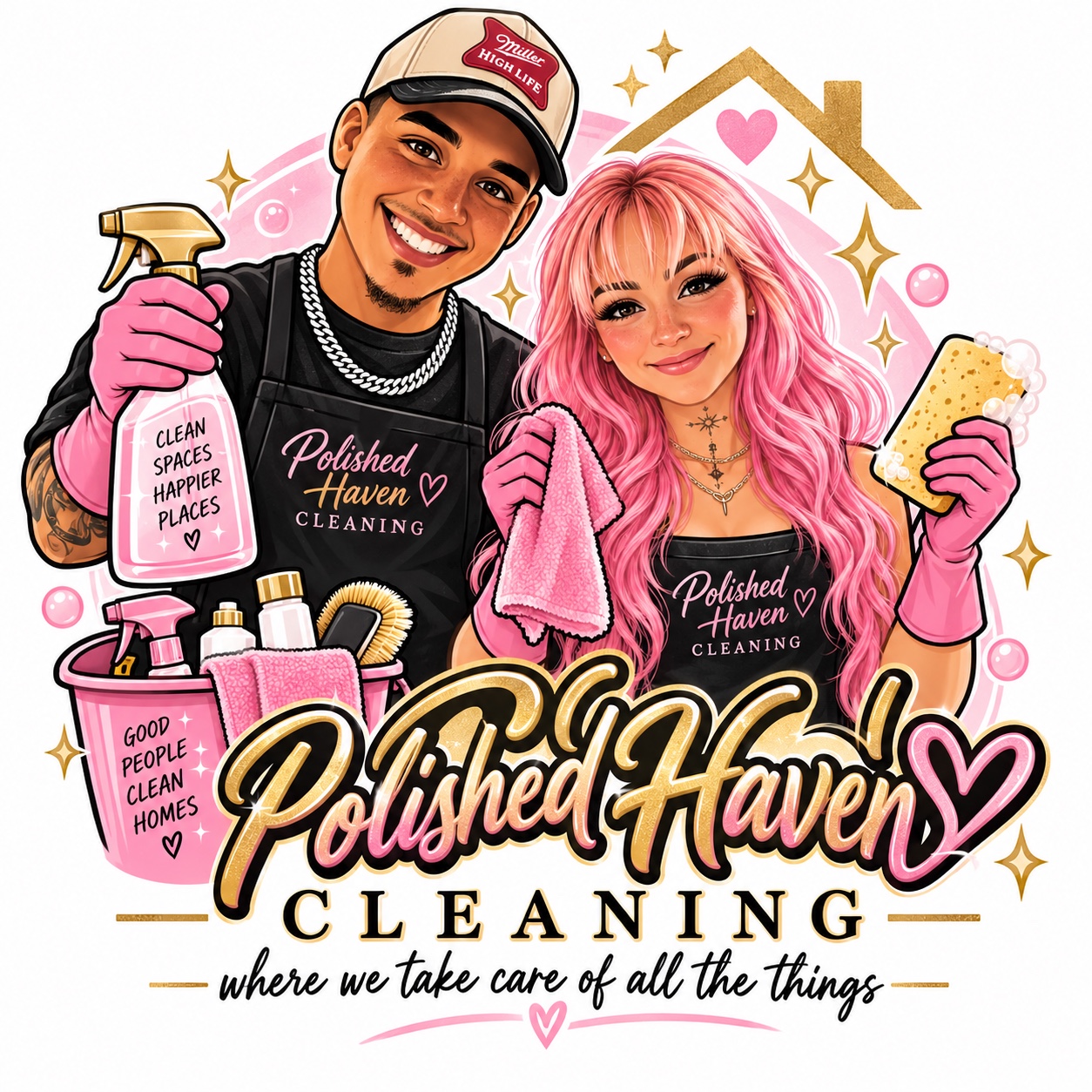 Cartoon of the Polished Haven husband-and-wife cleaning team with pink gloves and cleaning supplies